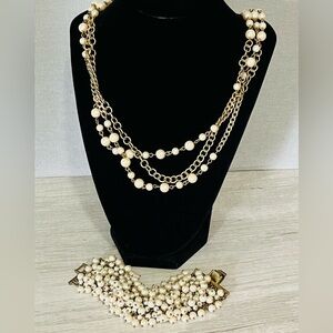 J. Crew Gold and Pearl Multistrand Necklace & Pearl Bracelet Set